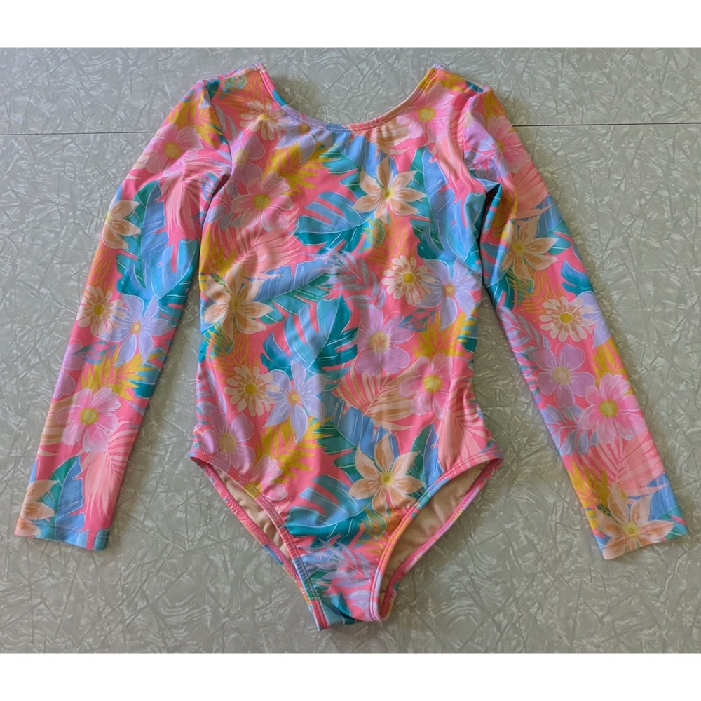 Cat & Jack Tropical Floral Long Sleeve One Piece Swimsuit Rashguard Girl L 10/12